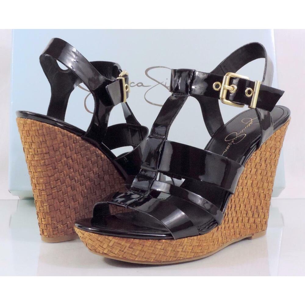 Jessica Simpson Casie 2 Platform Wedge Sandal Heels Black Patent Size 10 - Picture 3 of 8